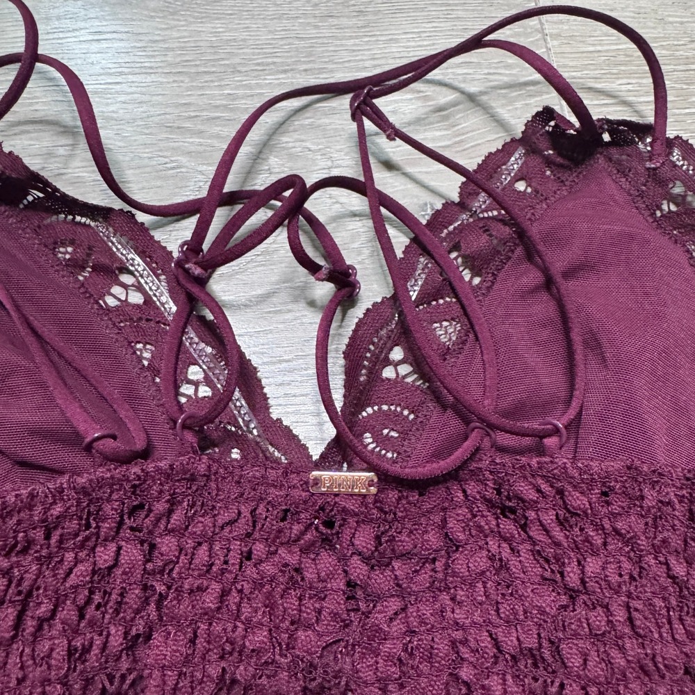 PINK Victoria's Secret Lace Bralette Burgundy Wine Smocked Back Large L - Picture 3 of 6